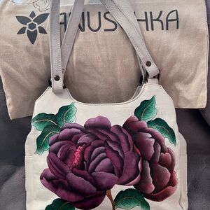 Anuschka Cream and Purple Floral Shoulder Bag